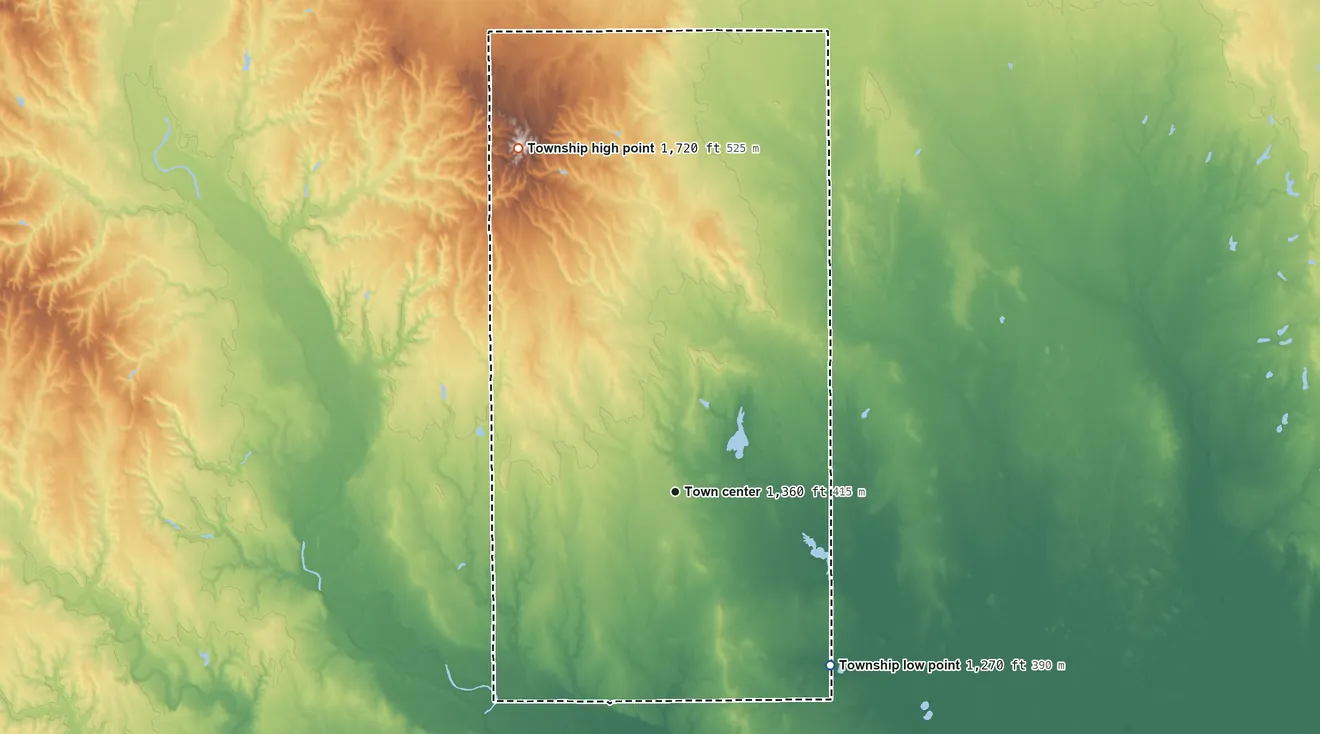 Topographic elevation map of Hazelton Township, Kansas, shaded from 1,270 ft on the southeast side to 1,720 ft on the northwest side