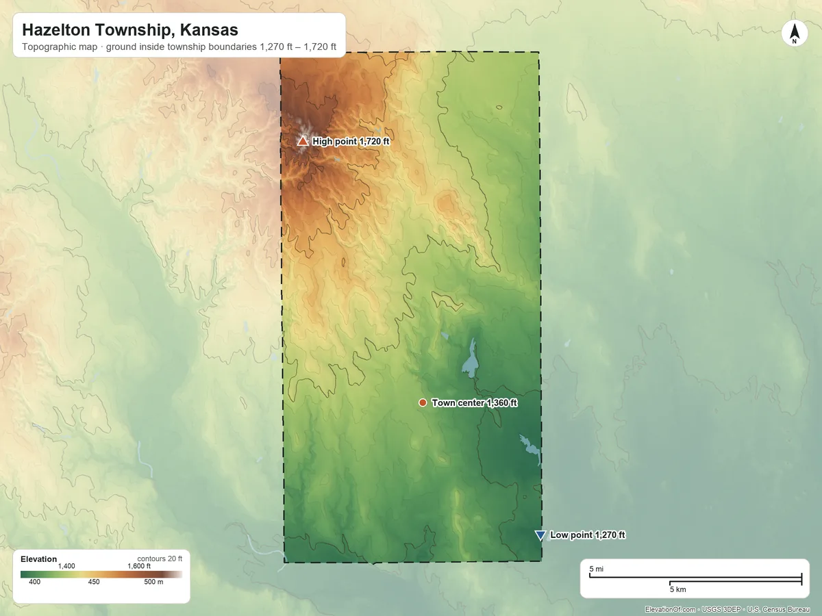 Topographic elevation map of Hazelton Township, Kansas, shaded from 1,270 ft on the southeast side to 1,720 ft on the northwest side