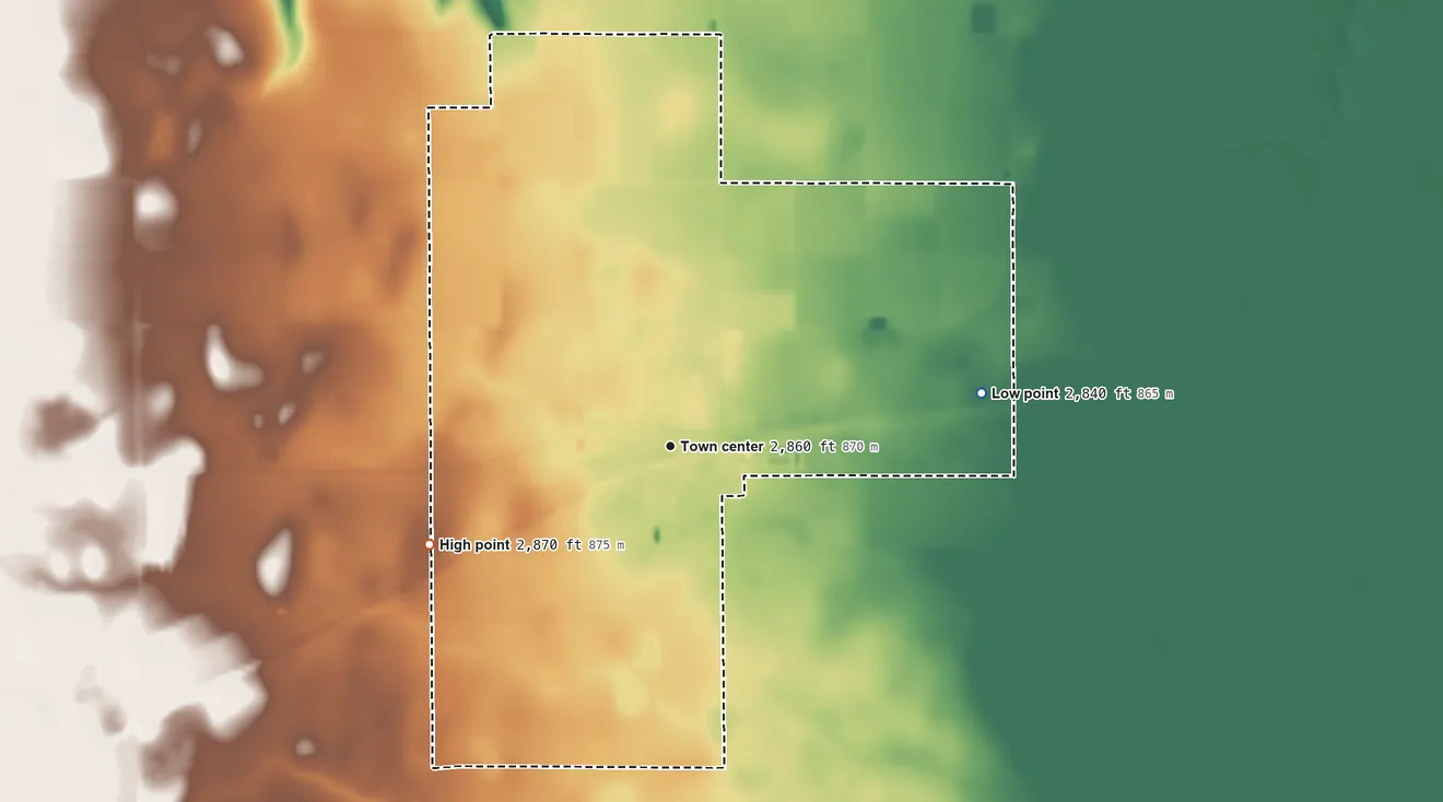 Topographic elevation map of Healy, Kansas, shaded from 2,840 ft on the east side to 2,870 ft on the west side