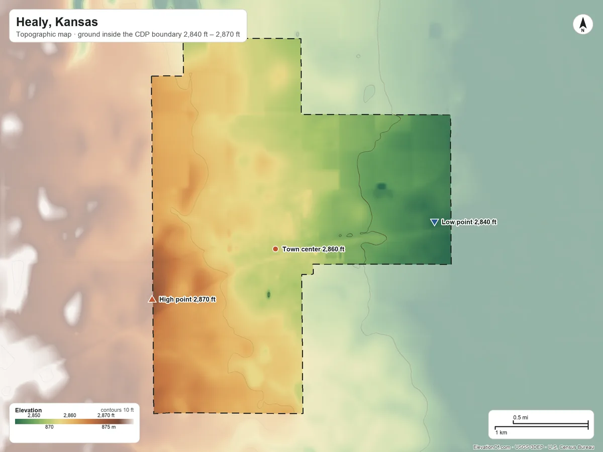 Topographic elevation map of Healy, Kansas, shaded from 2,840 ft on the east side to 2,870 ft on the west side