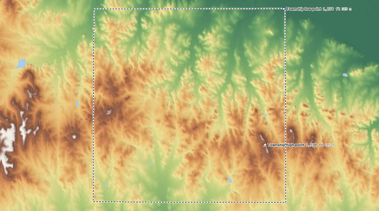 Topographic elevation map of Henry Township, Kansas, shaded from 1,270 ft on the northeast side to 1,590 ft on the east side