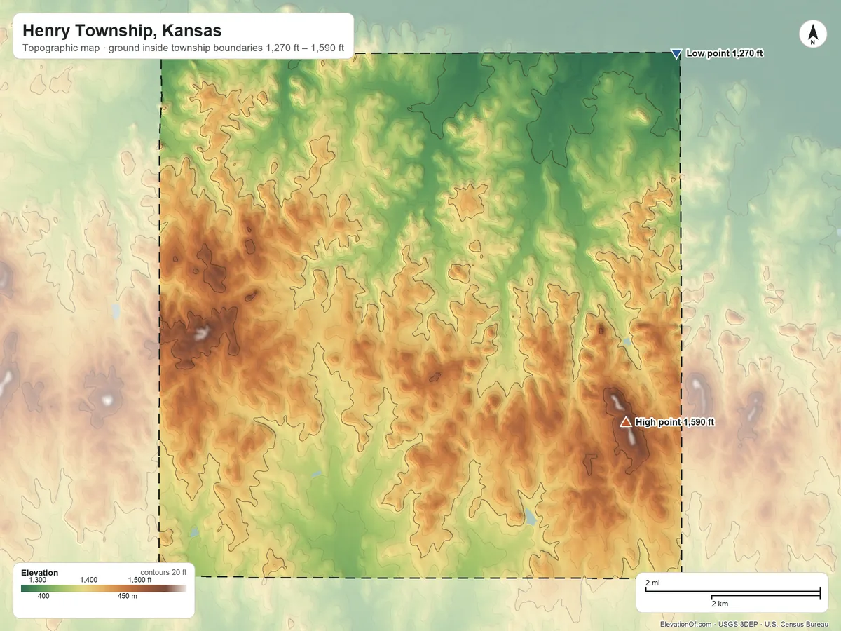 Topographic elevation map of Henry Township, Kansas, shaded from 1,270 ft on the northeast side to 1,590 ft on the east side