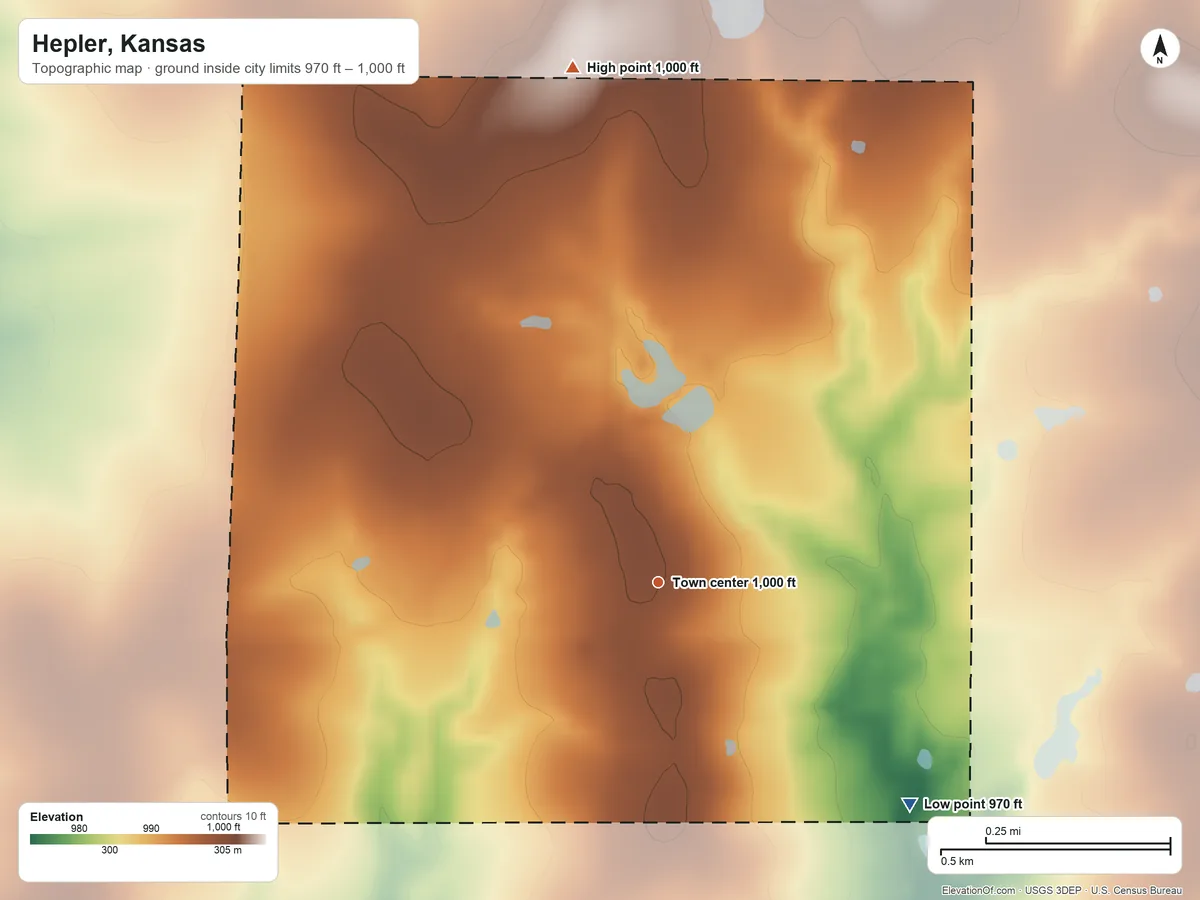 Topographic elevation map of Hepler, Kansas, shaded from 970 ft on the southeast side to 1,000 ft on the north side