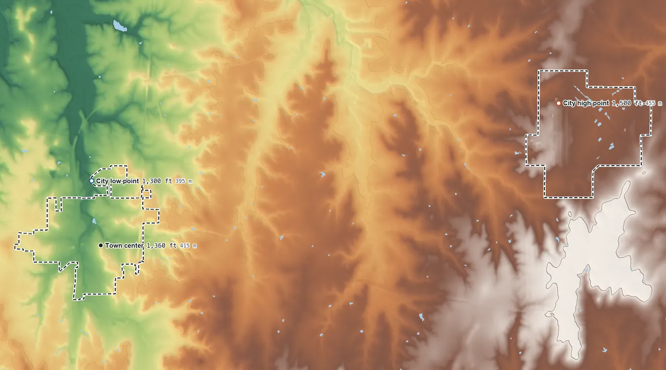 Topographic elevation map of Herington, Kansas, shaded from 1,300 ft near the middle to 1,500 ft on the east side
