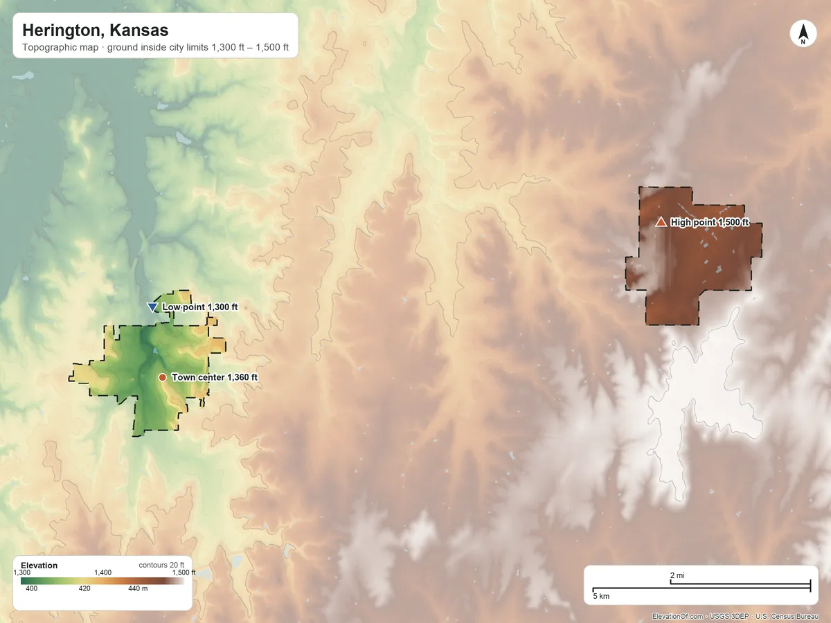 Topographic elevation map of Herington, Kansas, shaded from 1,300 ft near the middle to 1,500 ft on the east side