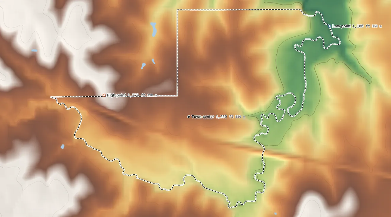 Topographic elevation map of Herkimer, Kansas, shaded from 1,180 ft on the northeast side to 1,270 ft on the west side