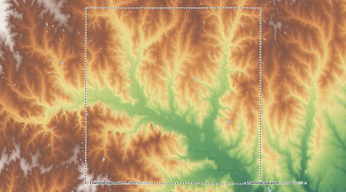 Topographic elevation map of Herkimer Township, Kansas, shaded from 1,170 ft on the southeast side to 1,400 ft on the southwest side