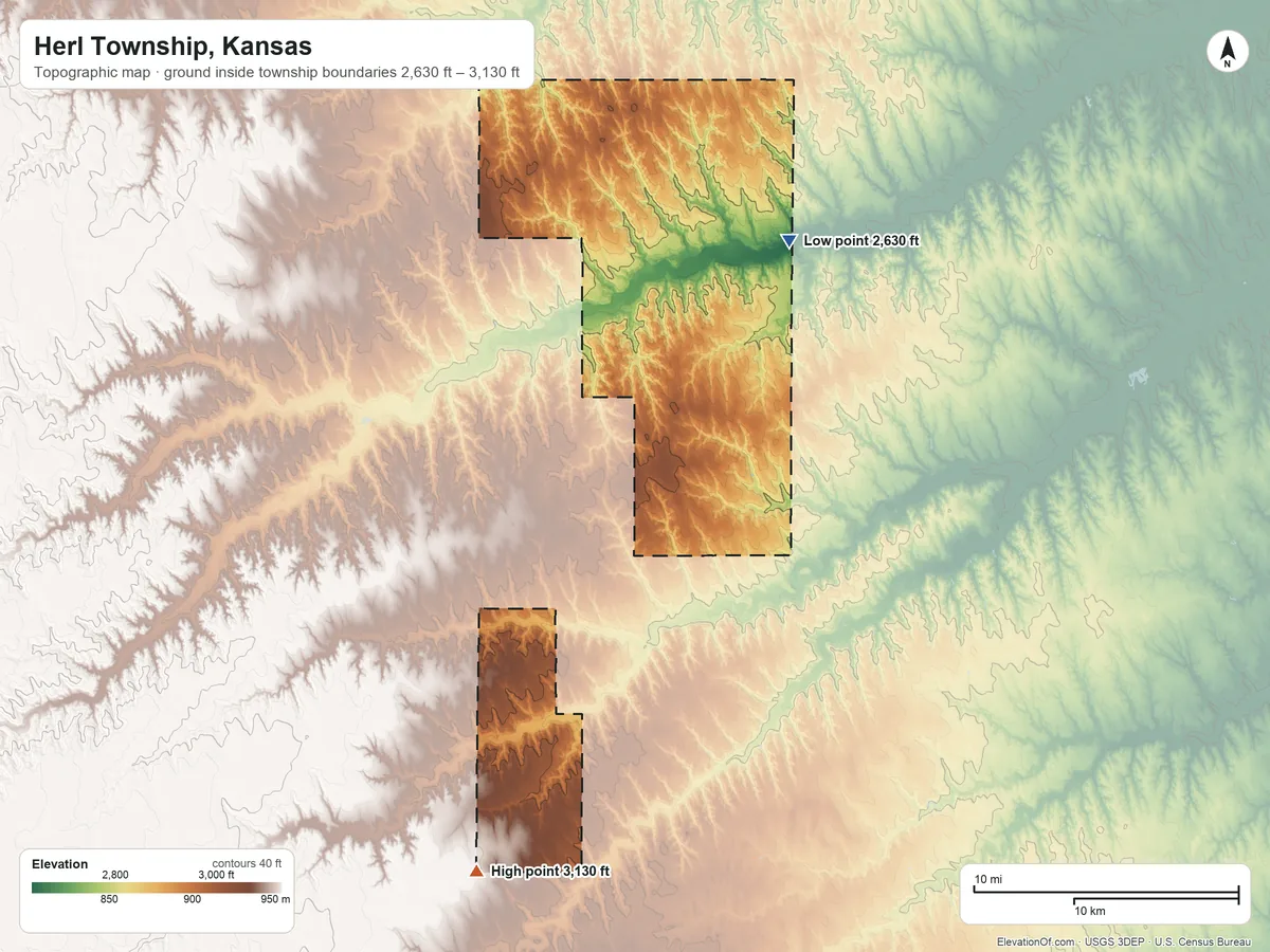 Topographic elevation map of Herl Township, Kansas, shaded from 2,630 ft on the northeast side to 3,130 ft on the south side