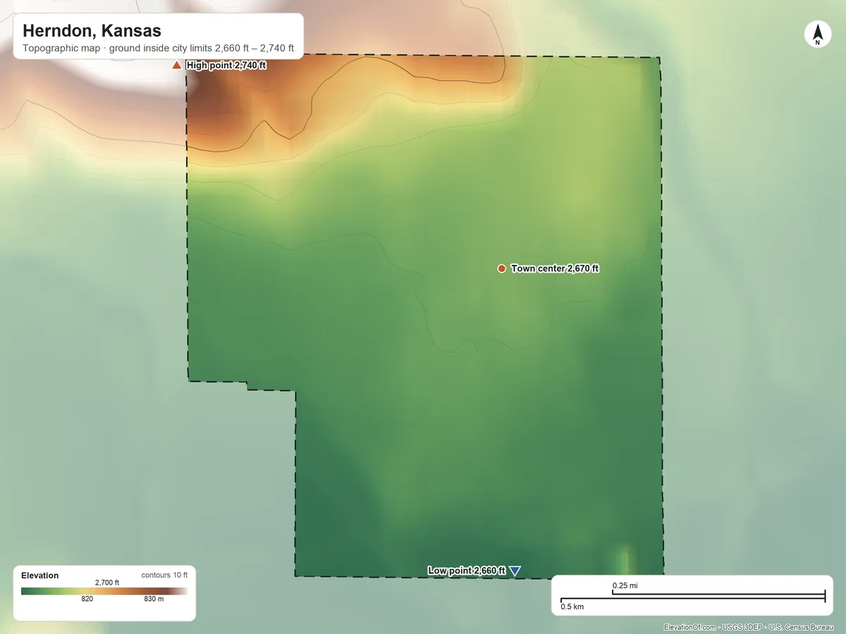 Topographic elevation map of Herndon, Kansas, shaded from 2,660 ft on the south side to 2,740 ft on the northwest side