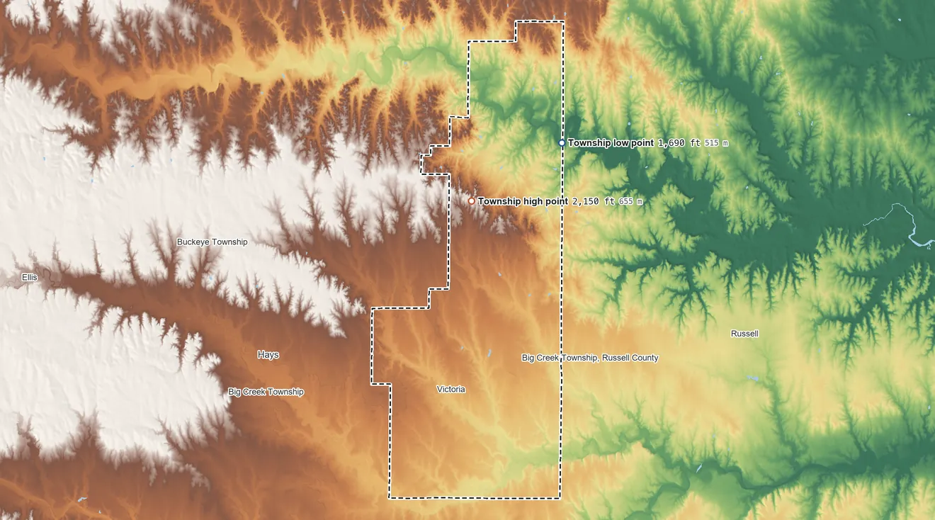 Topographic elevation map of Herzog Township, Kansas, shaded from 1,690 ft on the northeast side to 2,150 ft on the north side