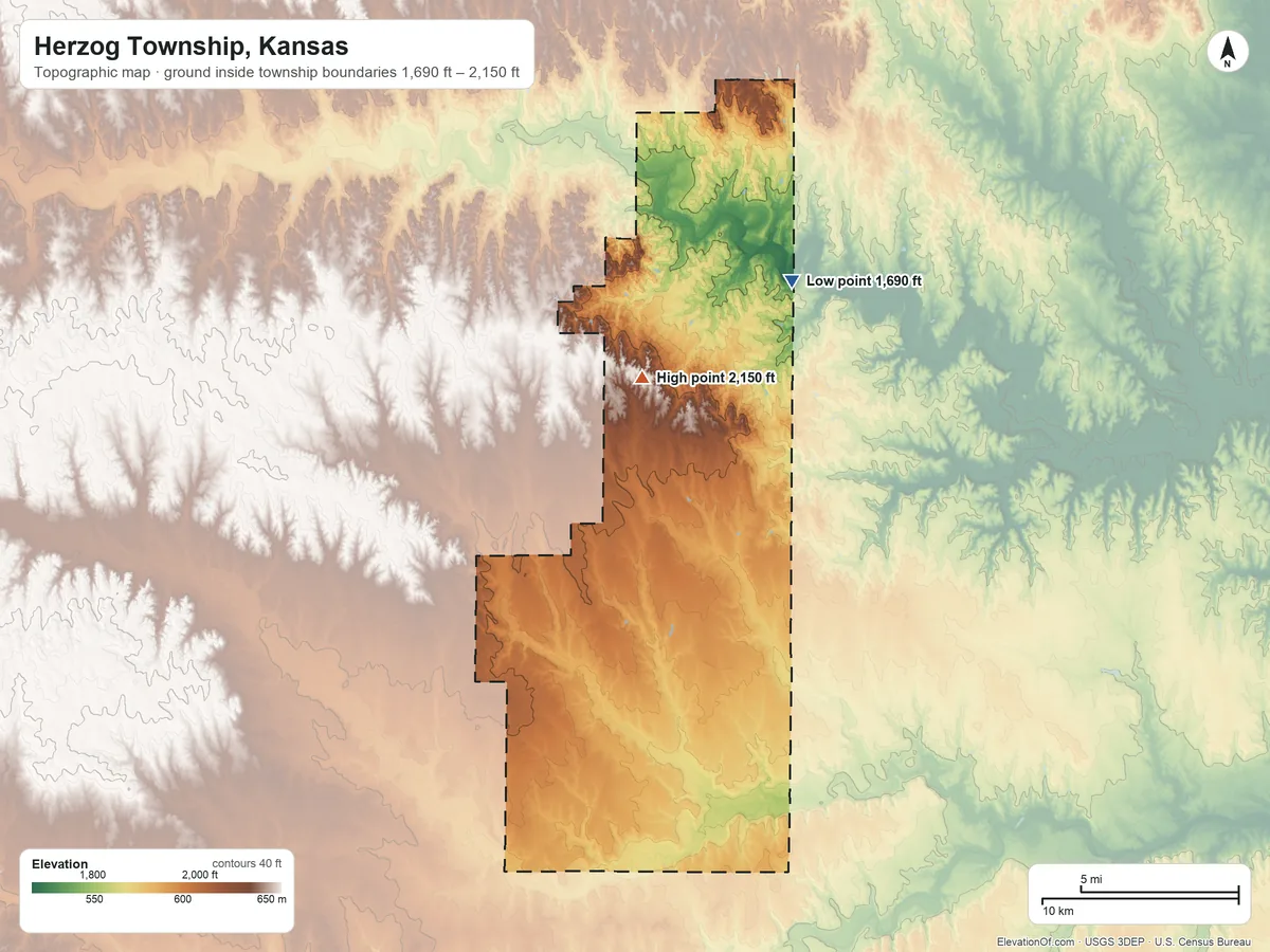 Topographic elevation map of Herzog Township, Kansas, shaded from 1,690 ft on the northeast side to 2,150 ft on the north side