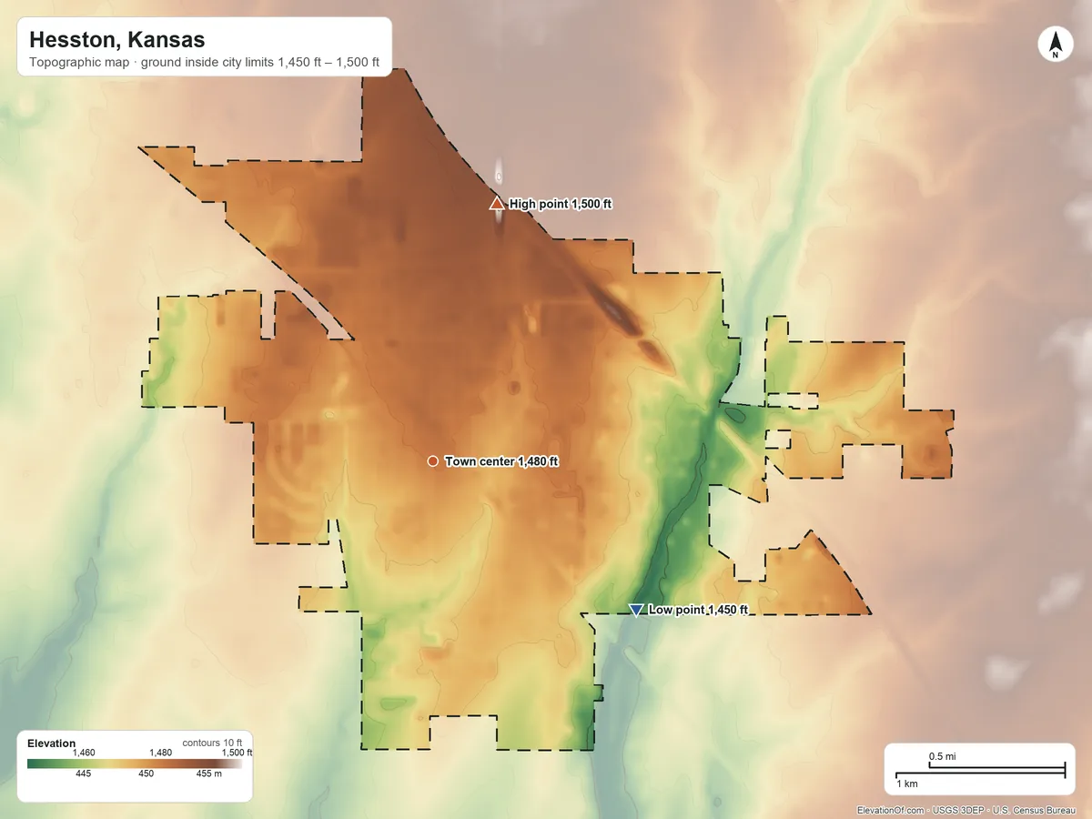 Topographic elevation map of Hesston, Kansas, shaded from 1,450 ft on the southeast side to 1,500 ft on the north side