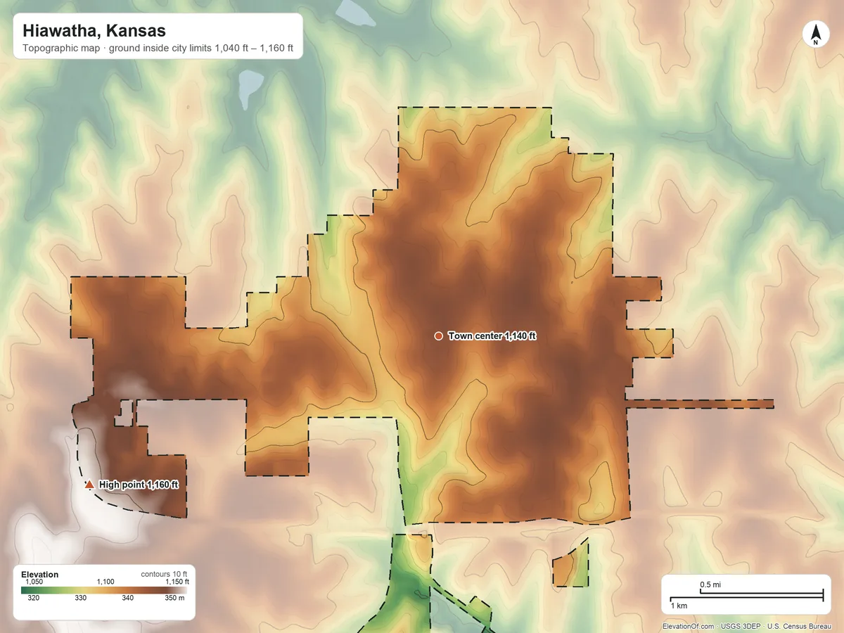 Topographic elevation map of Hiawatha, Kansas, shaded from 1,040 ft on the south side to 1,160 ft on the southwest side