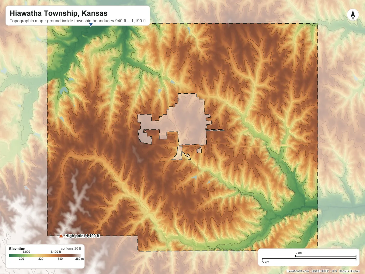 Topographic elevation map of Hiawatha Township, Kansas, shaded from 940 ft on the northwest side to 1,190 ft on the southwest side