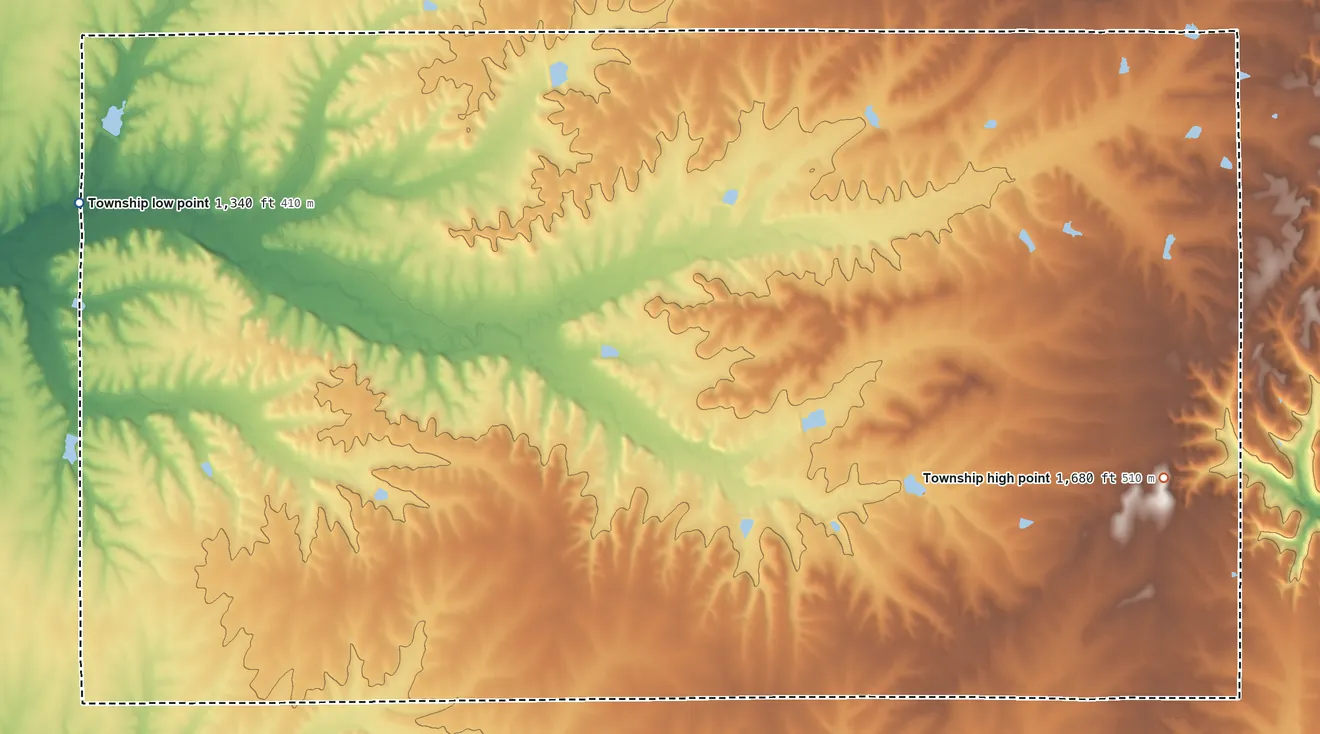 Topographic elevation map of Hickory Township, Kansas, shaded from 1,340 ft on the west side to 1,680 ft on the east side