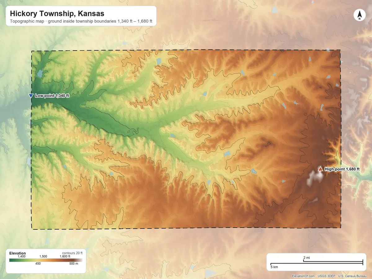 Topographic elevation map of Hickory Township, Kansas, shaded from 1,340 ft on the west side to 1,680 ft on the east side