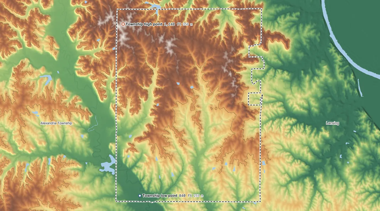 Topographic elevation map of High Prairie Township, Kansas, shaded from 840 ft on the southwest side to 1,140 ft on the northwest side
