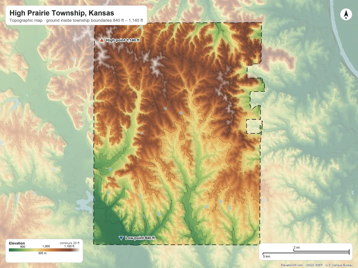 Topographic elevation map of High Prairie Township, Kansas, shaded from 840 ft on the southwest side to 1,140 ft on the northwest side