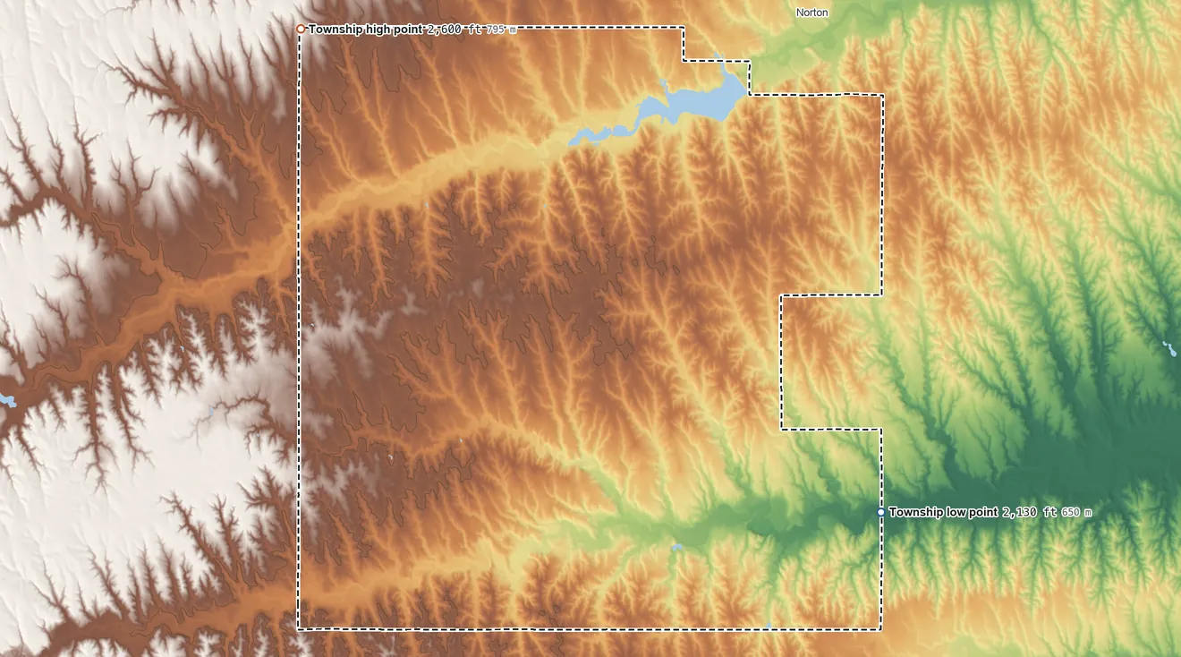 Topographic elevation map of Highland-District 2 Township, Kansas, shaded from 2,130 ft on the east side to 2,600 ft on the northwest side