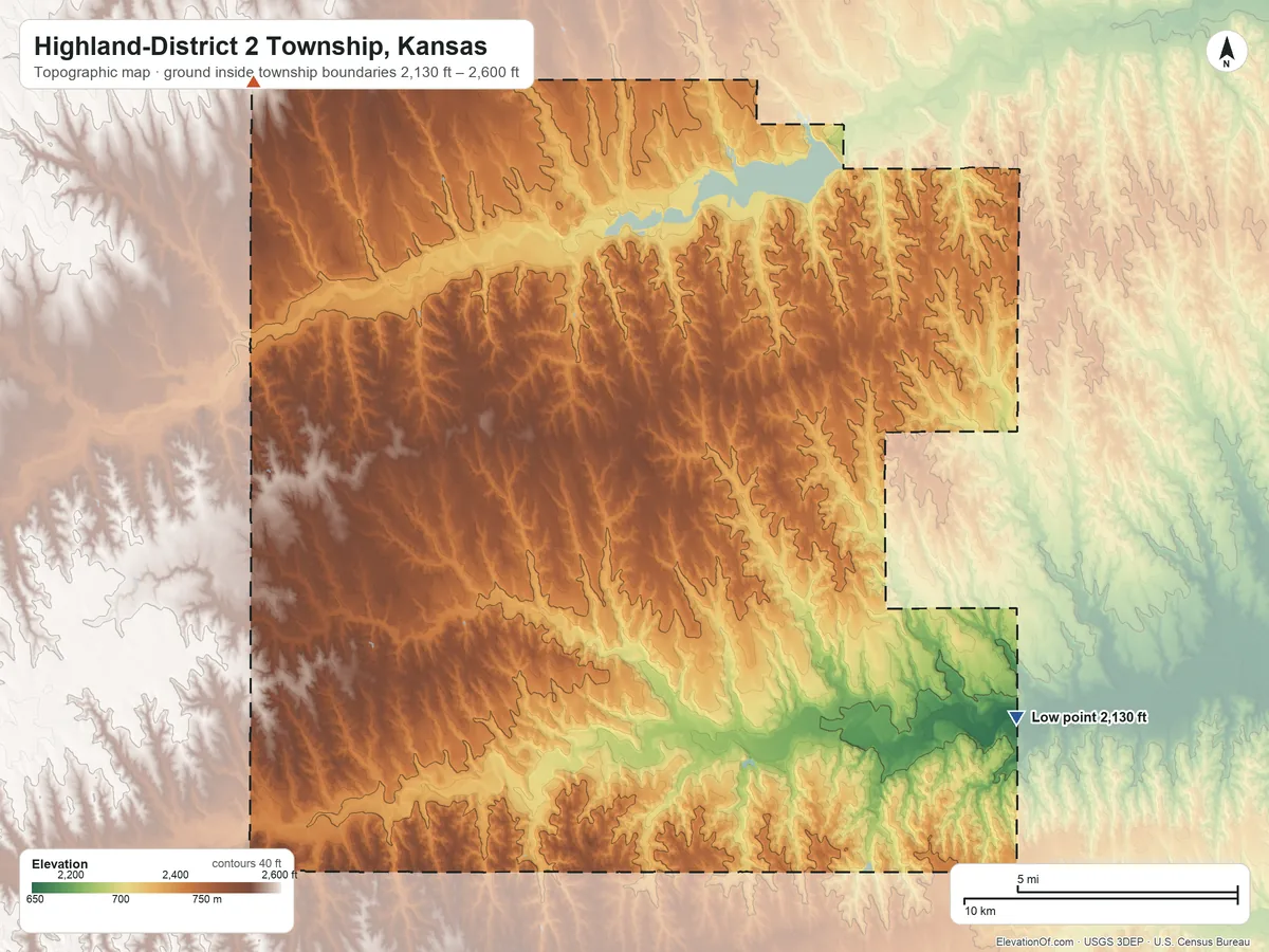 Topographic elevation map of Highland-District 2 Township, Kansas, shaded from 2,130 ft on the east side to 2,600 ft on the northwest side