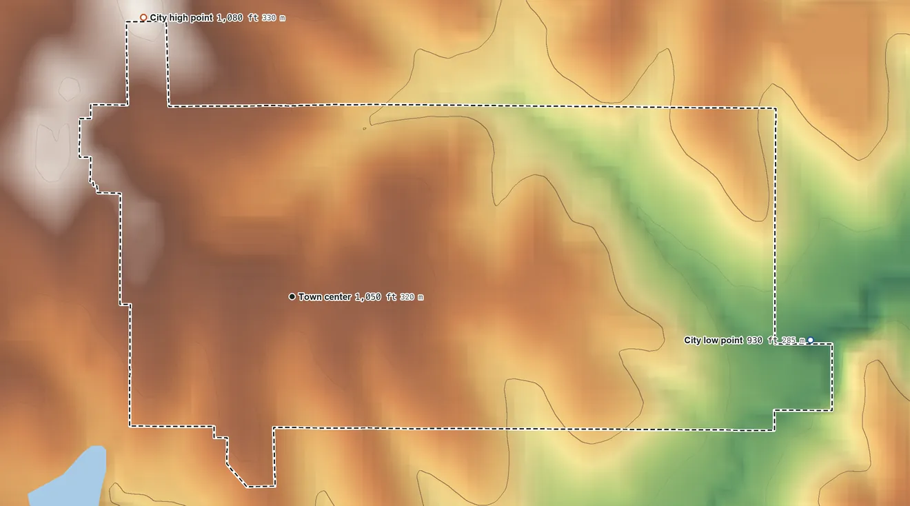 Topographic elevation map of Highland, Kansas, shaded from 930 ft on the east side to 1,080 ft on the northwest side