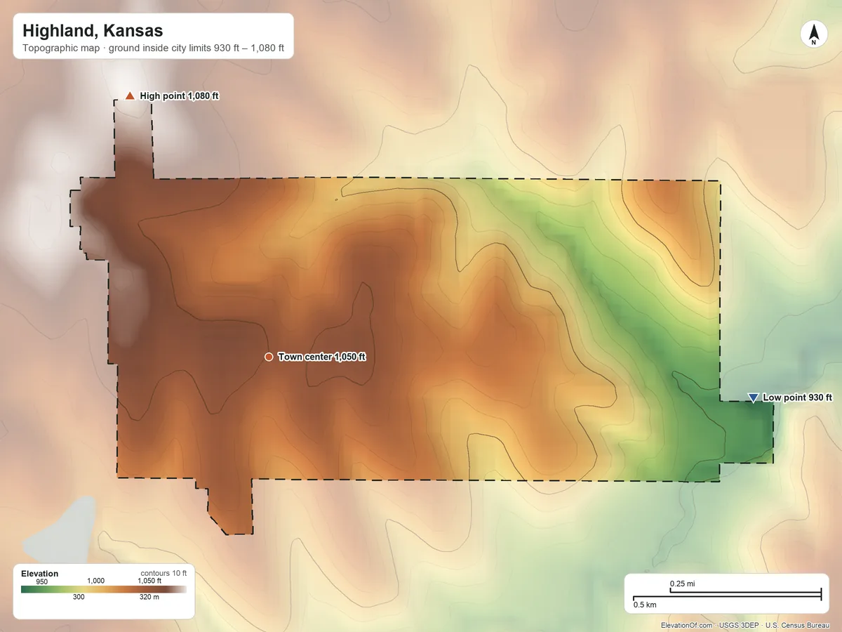 Topographic elevation map of Highland, Kansas, shaded from 930 ft on the east side to 1,080 ft on the northwest side