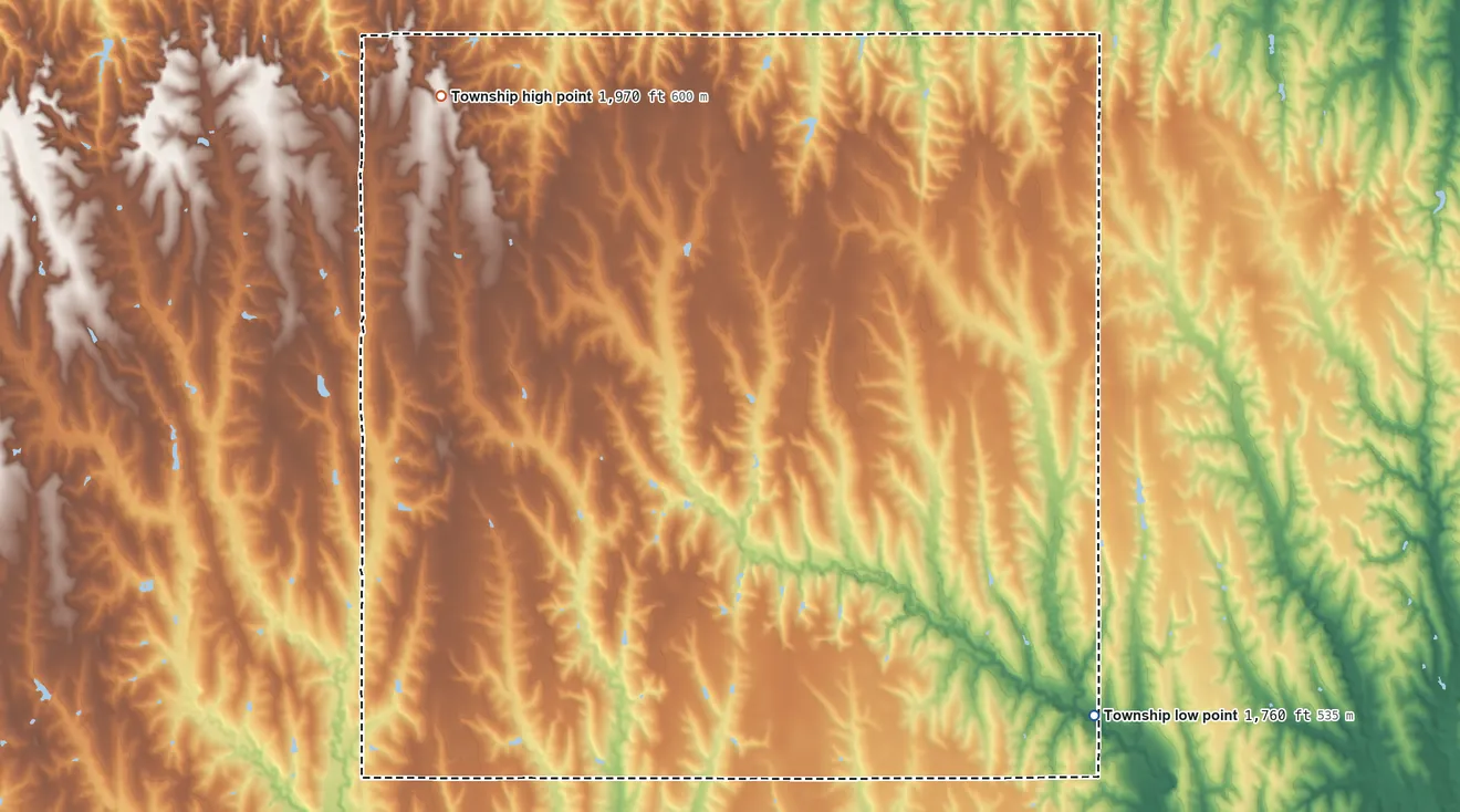 Topographic elevation map of Highland Township, Jewell County, Kansas, shaded from 1,760 ft on the southeast side to 1,970 ft on the northwest side