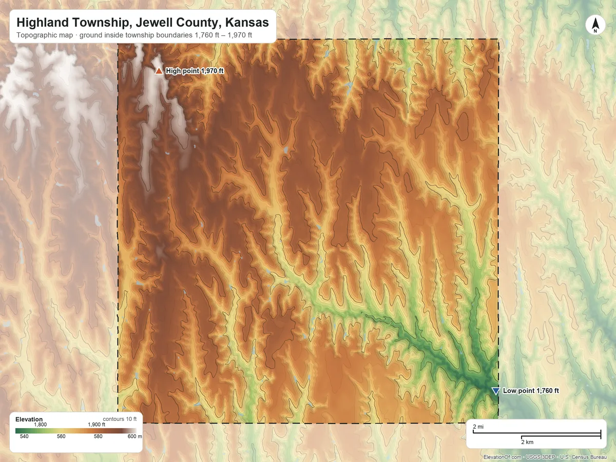 Topographic elevation map of Highland Township, Jewell County, Kansas, shaded from 1,760 ft on the southeast side to 1,970 ft on the northwest side