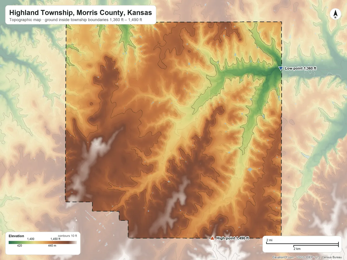 Topographic elevation map of Highland Township, Morris County, Kansas, shaded from 1,360 ft on the east side to 1,490 ft on the south side