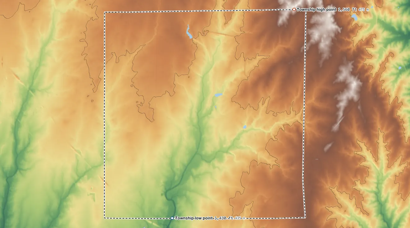 Topographic elevation map of Highland Township, Kansas, shaded from 1,430 ft on the south side to 1,560 ft on the northeast side