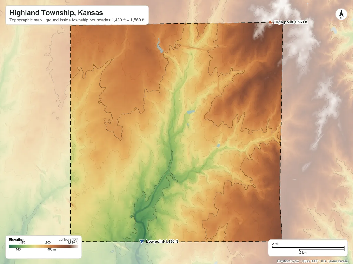 Topographic elevation map of Highland Township, Kansas, shaded from 1,430 ft on the south side to 1,560 ft on the northeast side