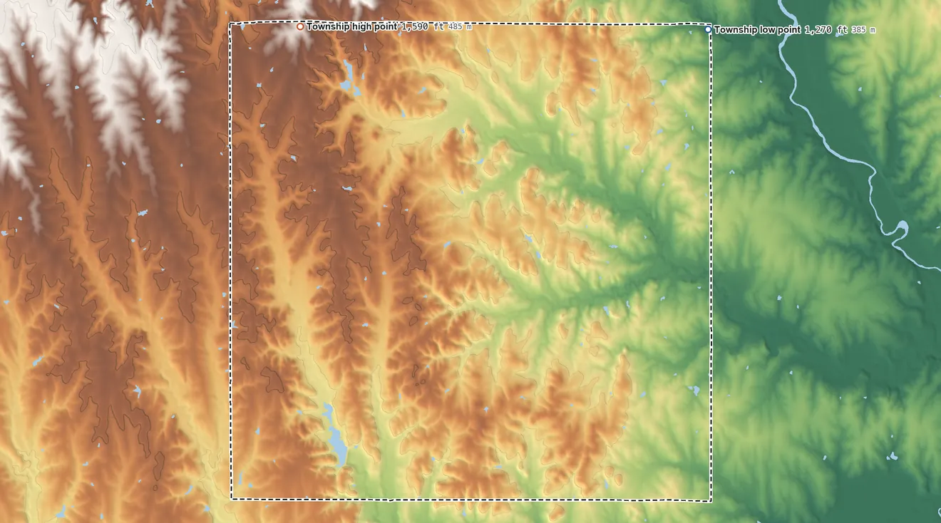 Topographic elevation map of Highland Township, Washington County, Kansas, shaded from 1,270 ft on the northeast side to 1,590 ft on the northwest side