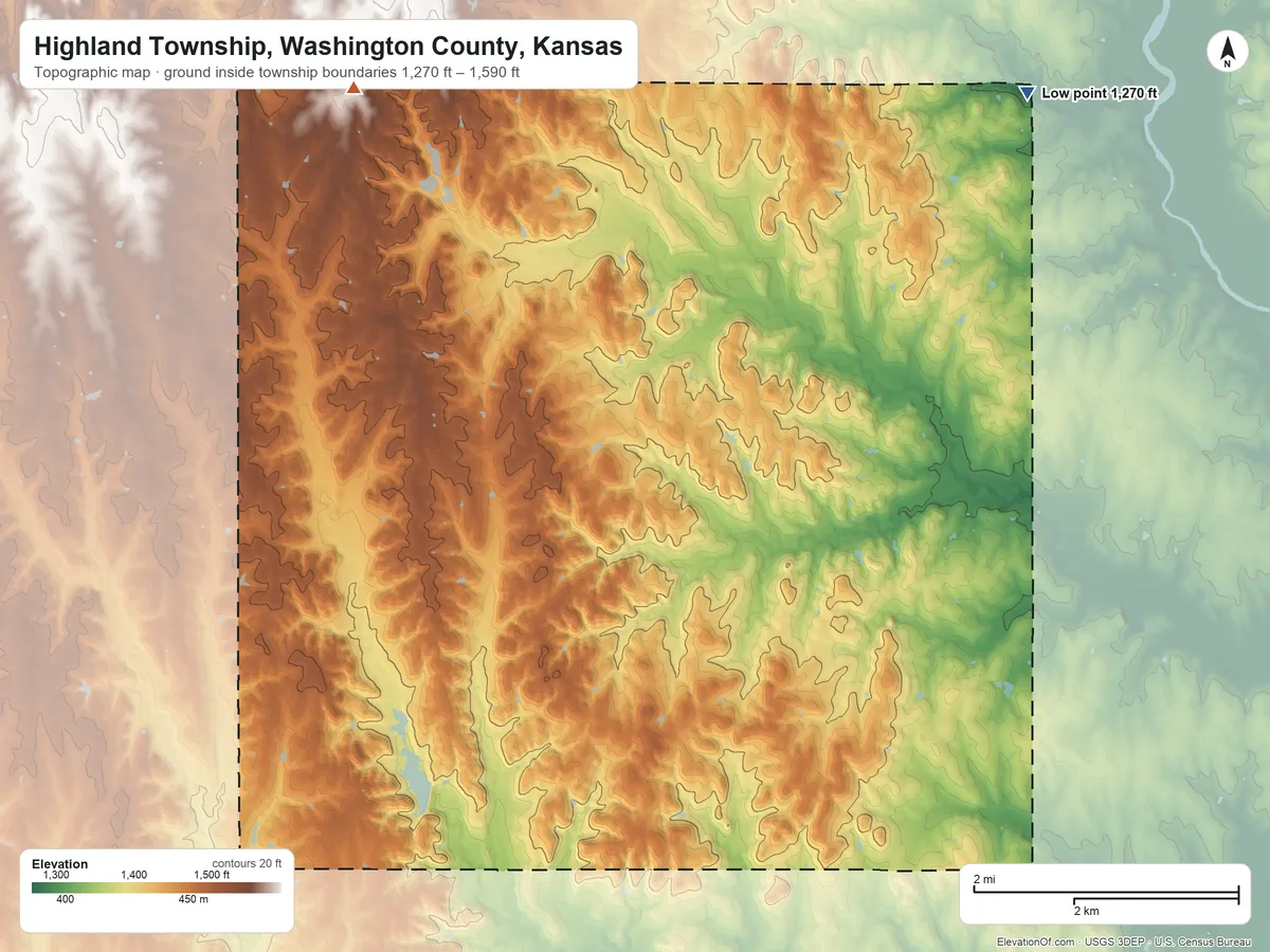 Topographic elevation map of Highland Township, Washington County, Kansas, shaded from 1,270 ft on the northeast side to 1,590 ft on the northwest side