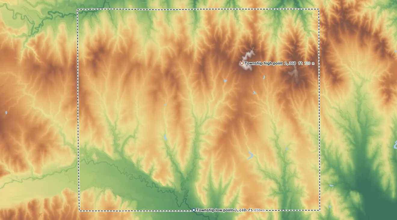 Topographic elevation map of Highpoint Township, Kansas, shaded from 2,140 ft on the south side to 2,360 ft on the northeast side