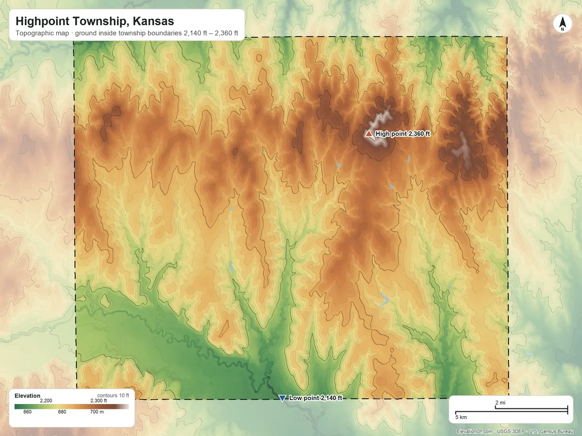 Topographic elevation map of Highpoint Township, Kansas, shaded from 2,140 ft on the south side to 2,360 ft on the northeast side