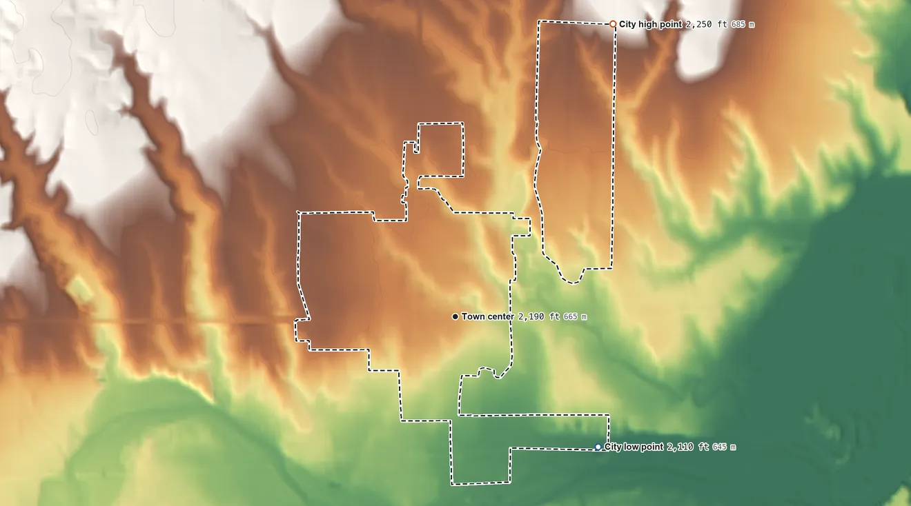 Topographic elevation map of Hill City, Kansas, shaded from 2,110 ft on the southeast side to 2,250 ft on the northeast side