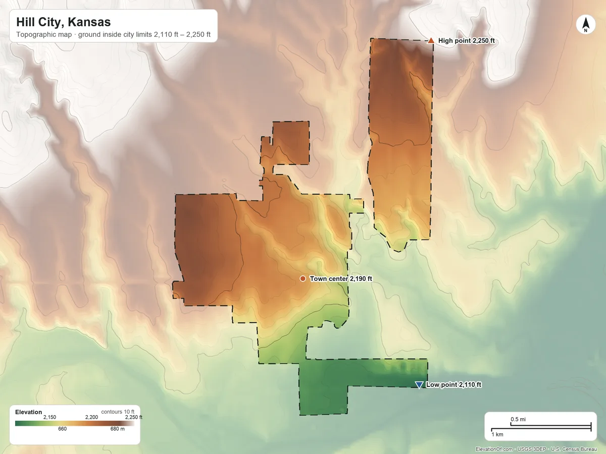 Topographic elevation map of Hill City, Kansas, shaded from 2,110 ft on the southeast side to 2,250 ft on the northeast side