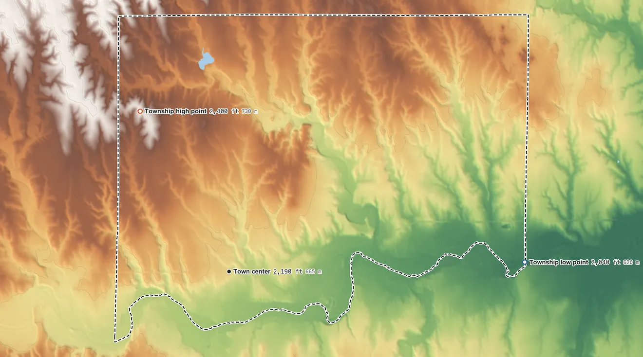 Topographic elevation map of Hill City Township, Kansas, shaded from 2,040 ft on the east side to 2,400 ft on the northwest side