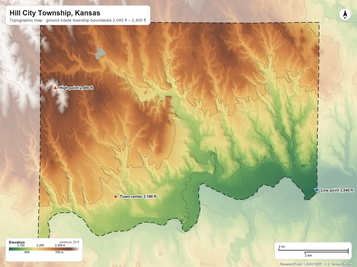 Topographic elevation map of Hill City Township, Kansas, shaded from 2,040 ft on the east side to 2,400 ft on the northwest side