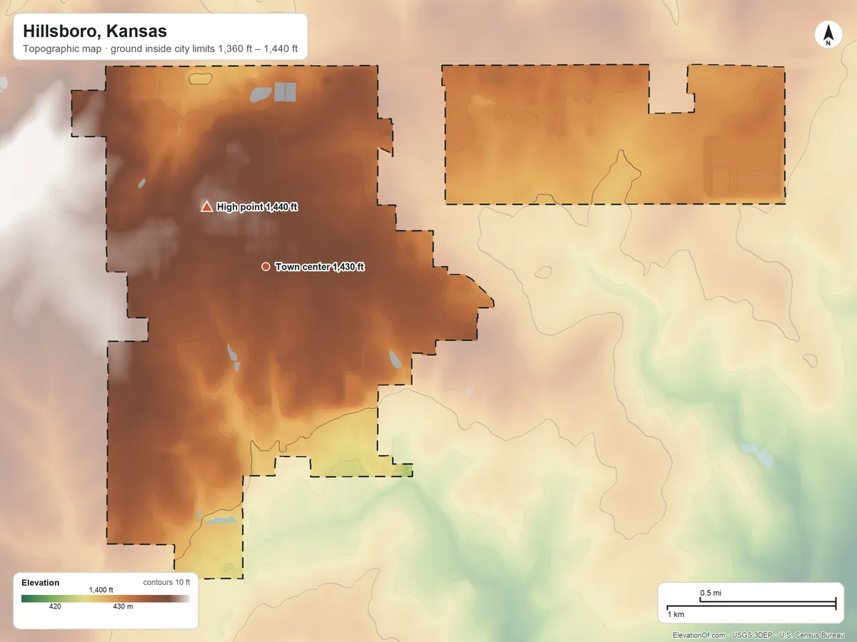 Topographic elevation map of Hillsboro, Kansas, shaded from 1,360 ft on the north side to 1,440 ft near the middle