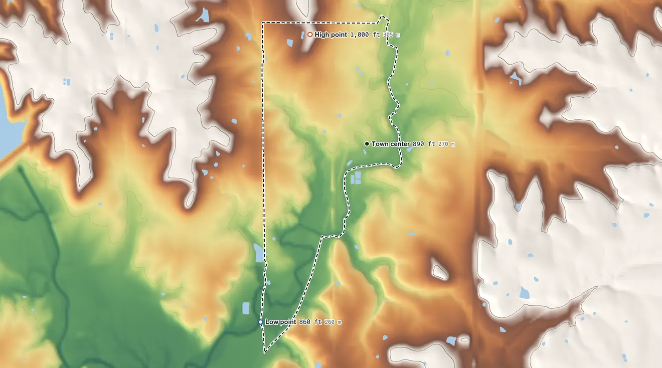 Topographic elevation map of Hillsdale, Kansas, shaded from 860 ft on the southwest side to 1,000 ft on the northwest side