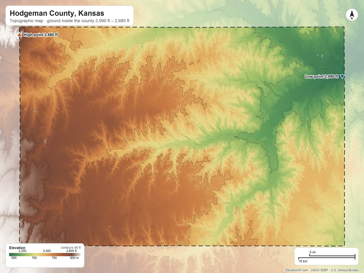 Topographic elevation map of Hodgeman County, Kansas, shaded from 2,090 ft on the east side to 2,680 ft on the northwest side