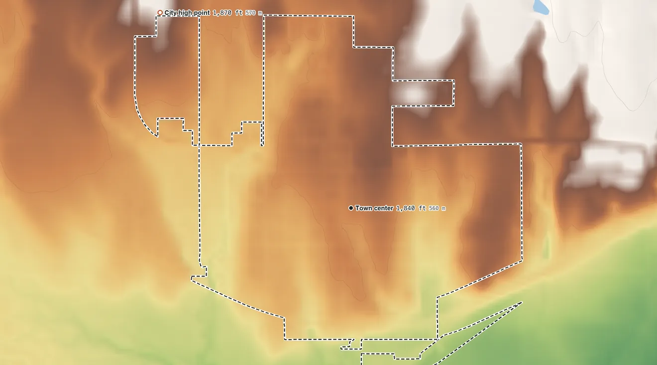 Topographic elevation map of Hoisington, Kansas, shaded from 1,800 ft on the east side to 1,870 ft on the northwest side