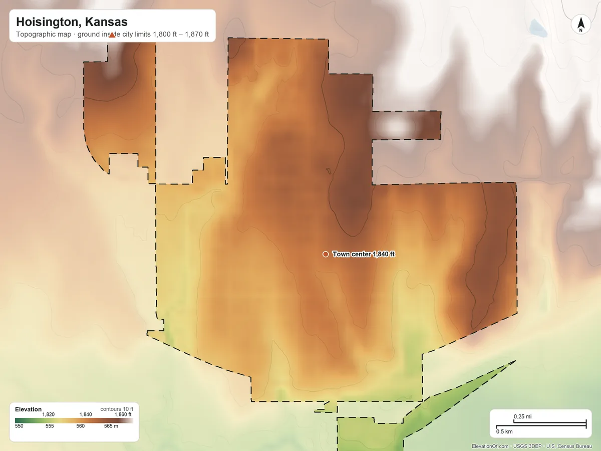 Topographic elevation map of Hoisington, Kansas, shaded from 1,800 ft on the east side to 1,870 ft on the northwest side