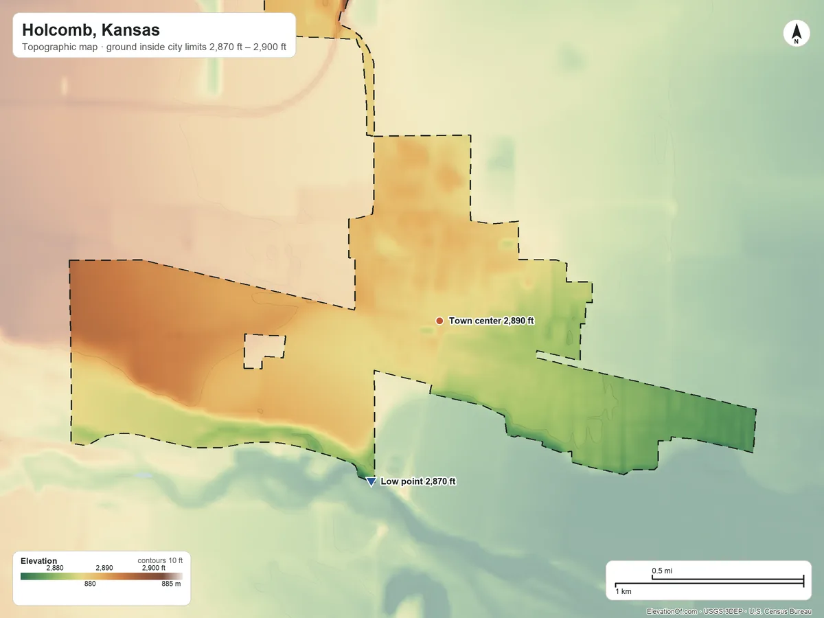 Topographic elevation map of Holcomb, Kansas, shaded from 2,870 ft on the southwest side to 2,900 ft on the north side
