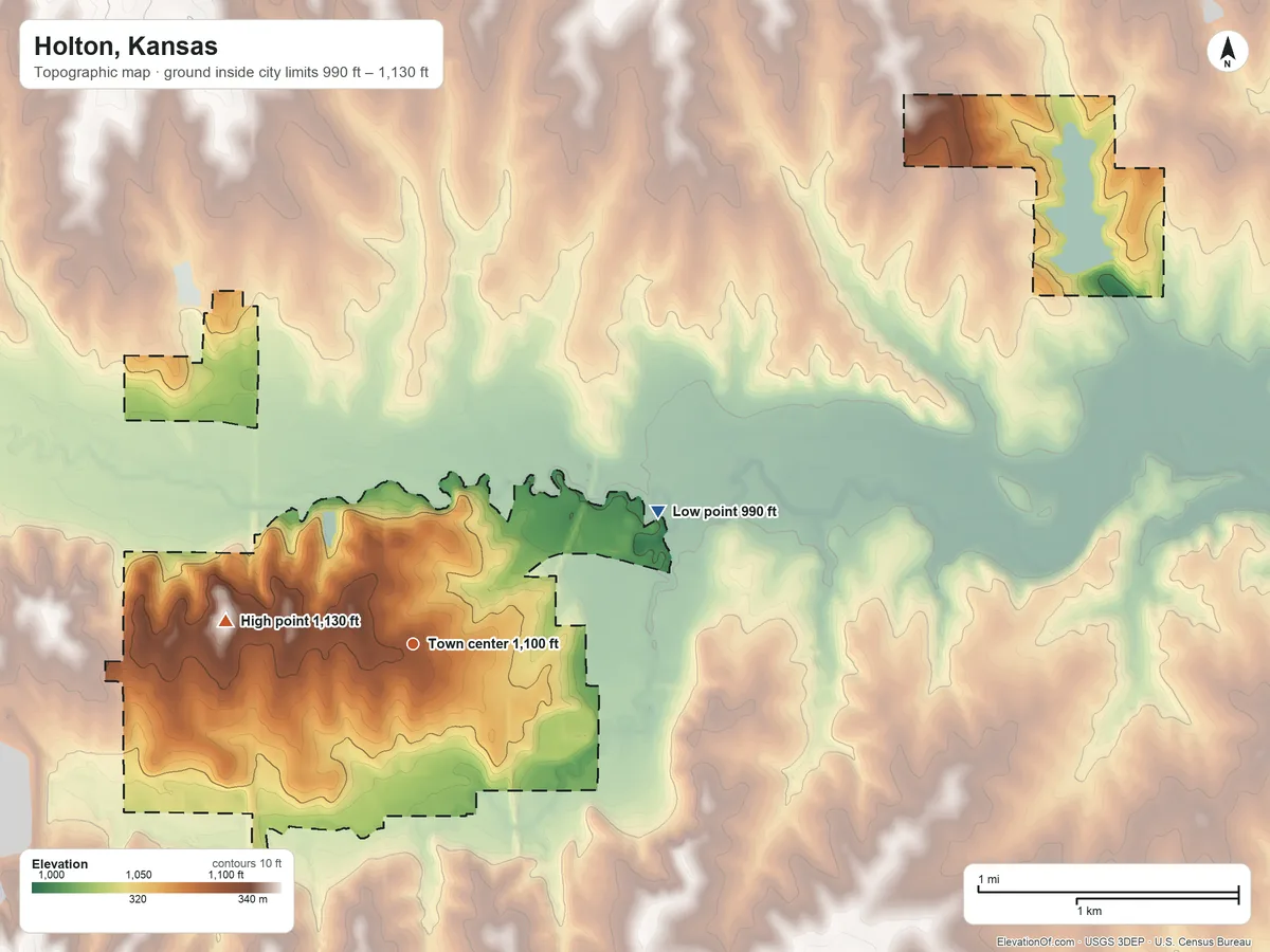 Topographic elevation map of Holton, Kansas, shaded from 990 ft on the northeast side to 1,130 ft on the west side