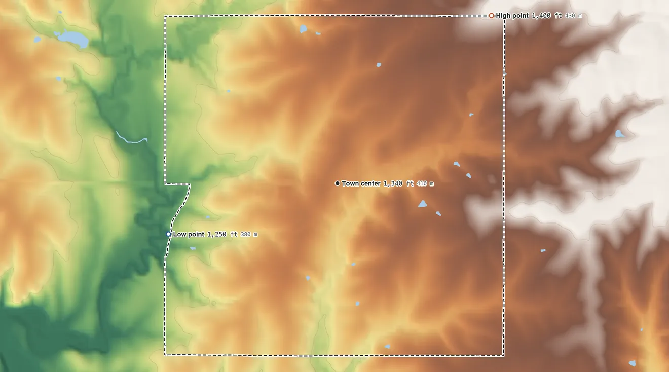 Topographic elevation map of Home, Kansas, shaded from 1,250 ft on the west side to 1,400 ft on the northeast side