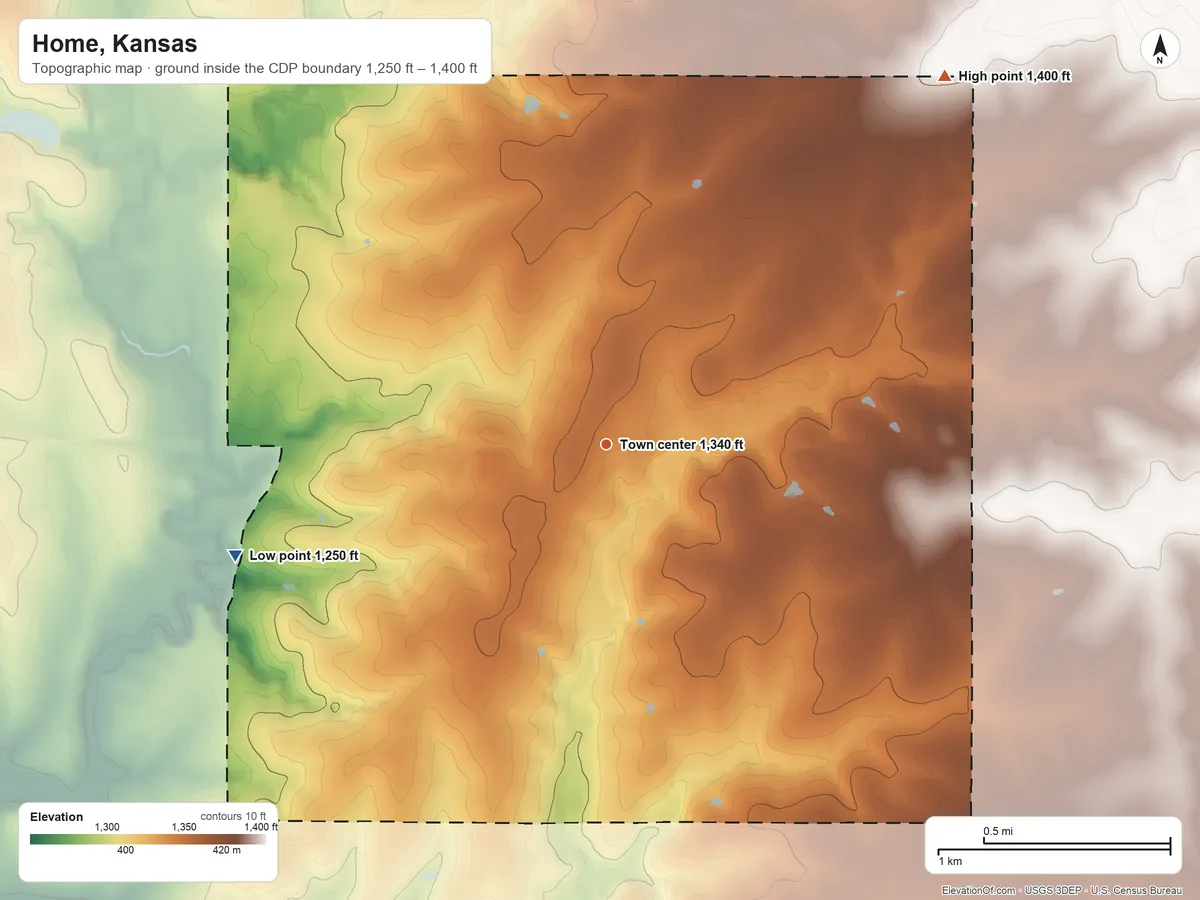 Topographic elevation map of Home, Kansas, shaded from 1,250 ft on the west side to 1,400 ft on the northeast side