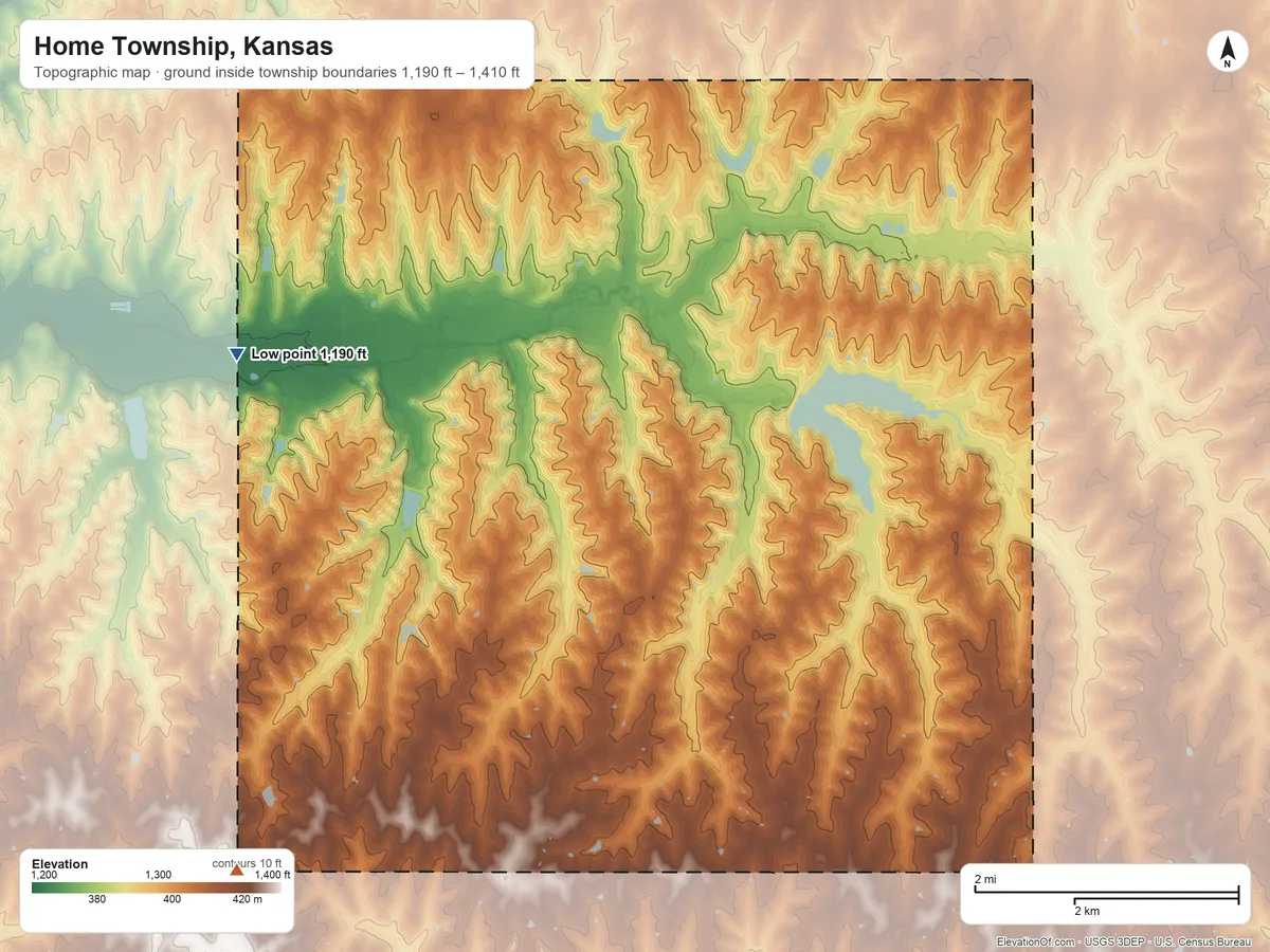Topographic elevation map of Home Township, Kansas, shaded from 1,190 ft on the west side to 1,410 ft on the southwest side
