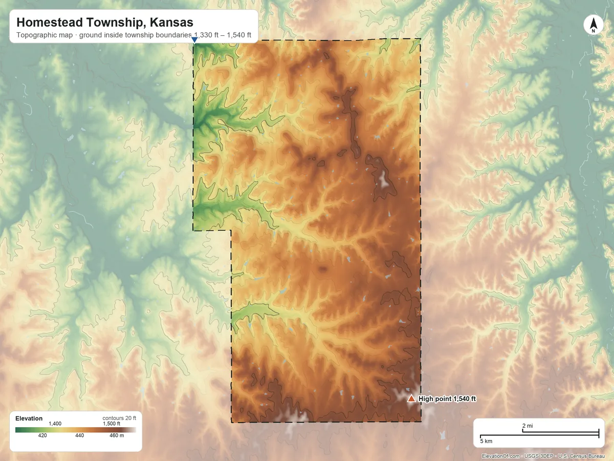 Topographic elevation map of Homestead Township, Kansas, shaded from 1,330 ft on the northwest side to 1,540 ft on the southeast side